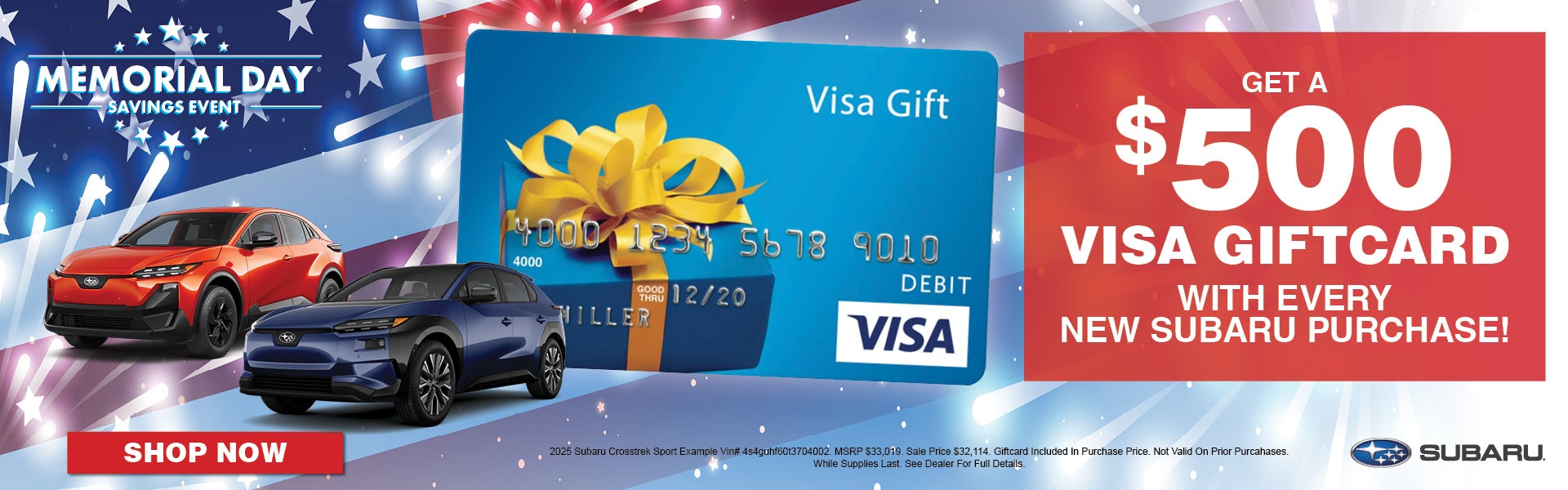 Get a $500 Visa Giftcard with every New Subaru Purchase